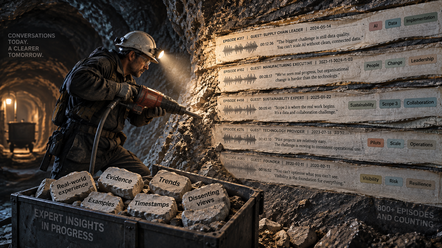 Miner extracting evidence from layers of podcast transcripts, timestamps and research themes.